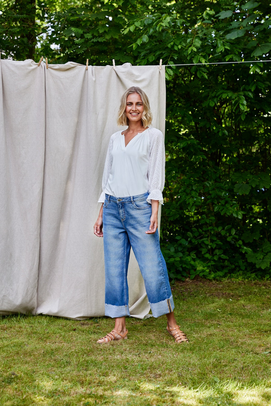 Fransa Off white top with Broderie Anglaise sleeve 20615580