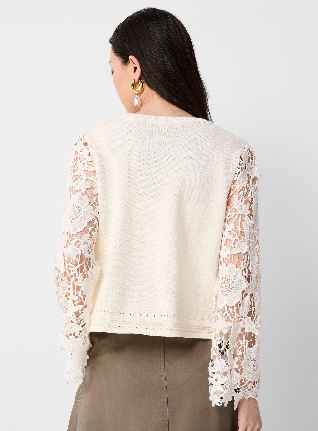 Fransa cotton cream Cardigan with Lace Crochet sleeves  20615477