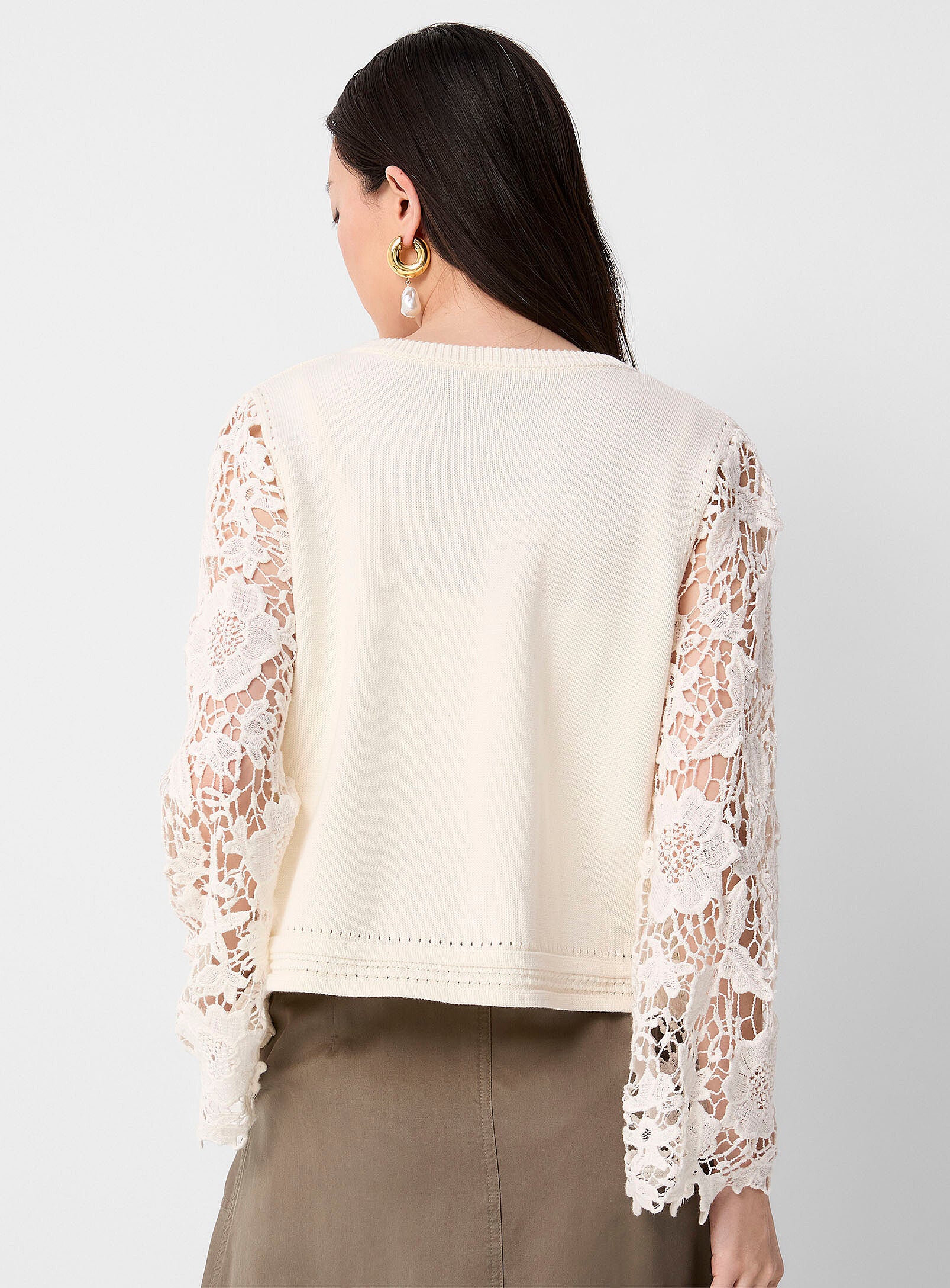 Fransa cotton cream Cardigan with Lace Crochet sleeves  20615477