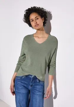 Street One lurex v neck jumper in Green or Sand
