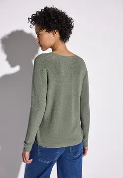 Street One lurex v neck jumper in Green or Sand