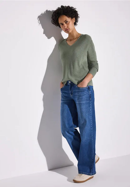 Street One lurex v neck jumper in Green or Sand