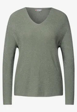 Street One lurex v neck jumper in Green or Sand