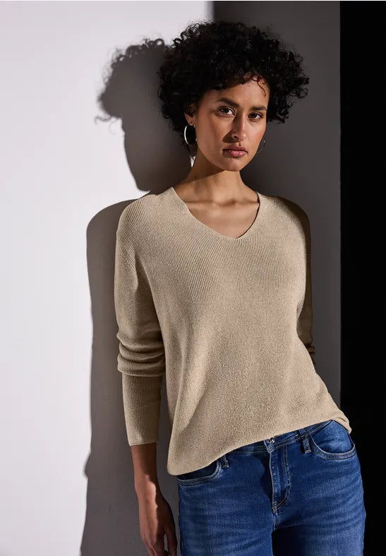 Street One lurex v neck jumper in Green or Sand