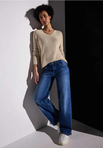 Street One lurex v neck jumper in Green or Sand