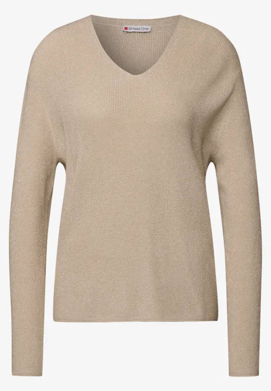 Street One lurex v neck jumper in Green or Sand