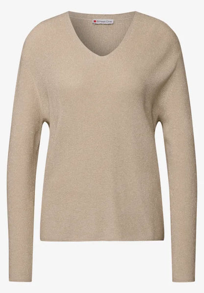 Street One lurex v neck jumper in Green or Sand