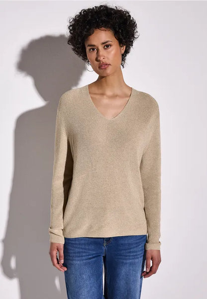 Street One lurex v neck jumper in Green or Sand