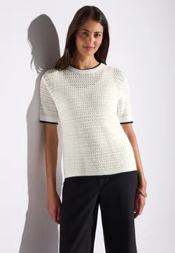 Street One White Cotton short sleeve knit with black trim 303244