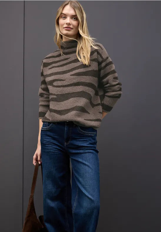 Street One fluffy turtle neck jumper in Brown Zebra Print