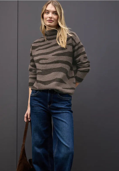 Street One fluffy turtle neck jumper in Brown Zebra Print
