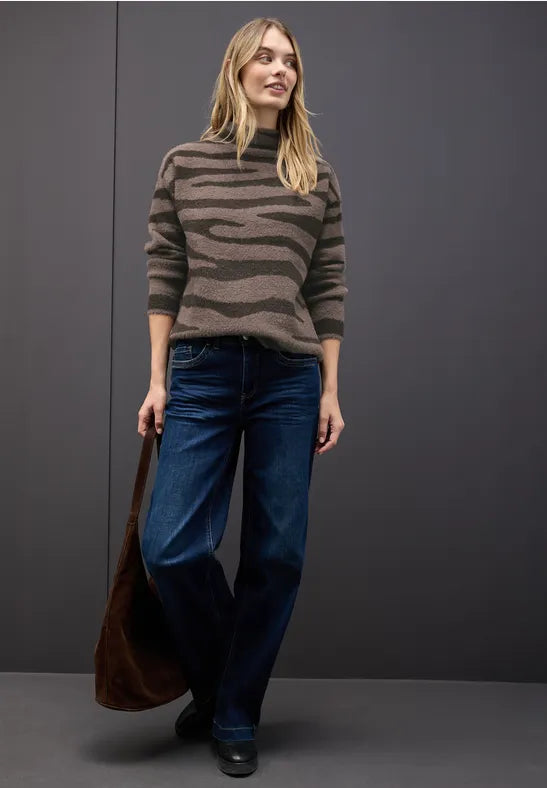 Street One fluffy turtle neck jumper in Brown Zebra Print