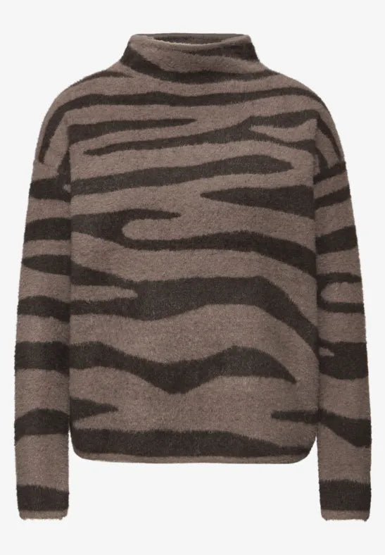 Street One fluffy turtle neck jumper in Brown Zebra Print