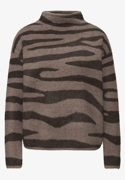 Street One fluffy turtle neck jumper in Brown Zebra Print
