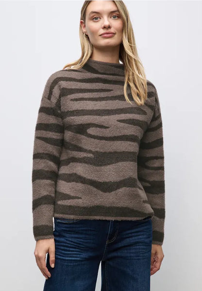 Street One fluffy turtle neck jumper in Brown Zebra Print