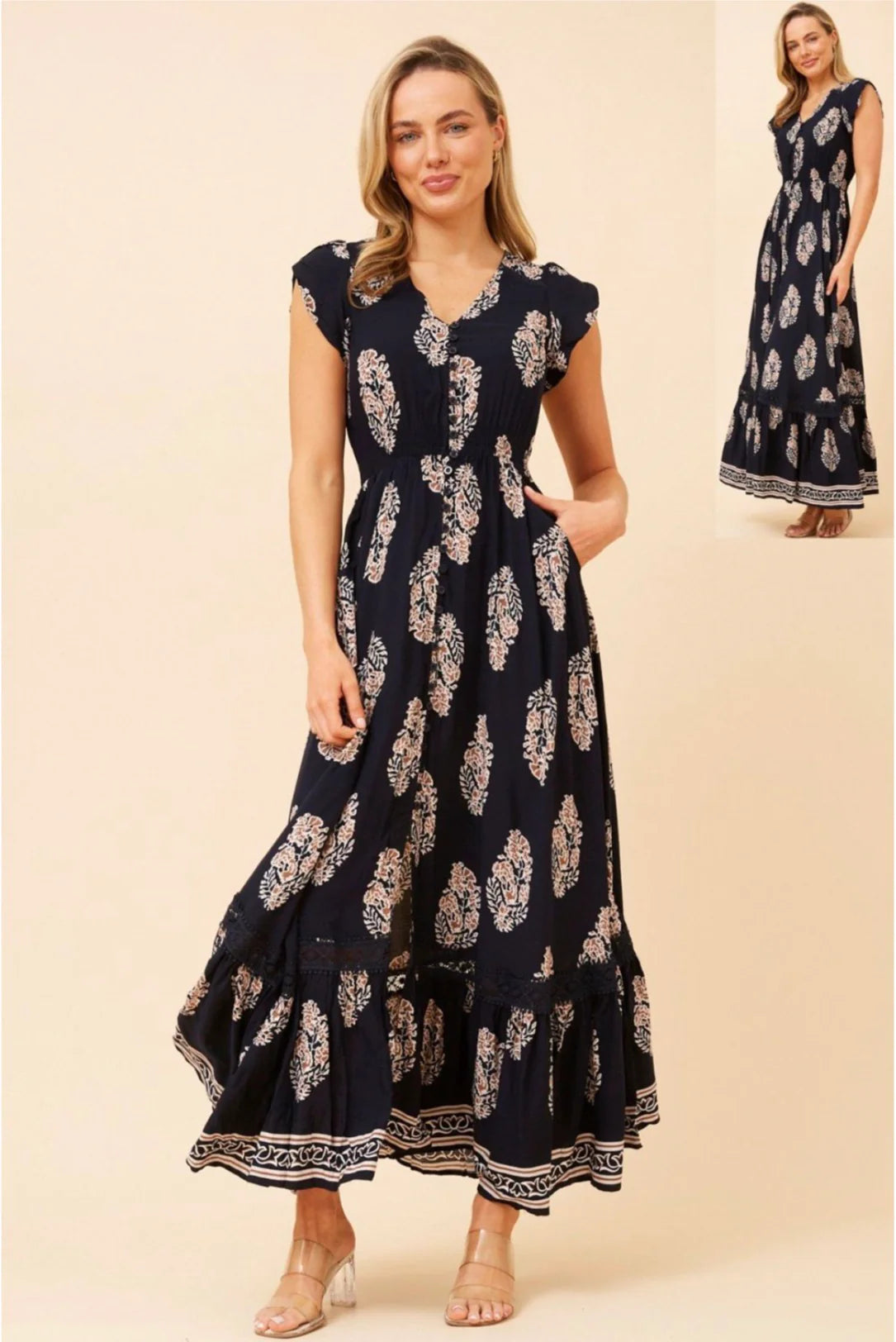 Stella Morgan Button Through Maxi Dress in Navy Baroque Print D524936