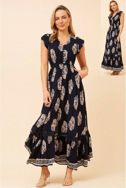 Stella Morgan Button Through Maxi Dress in Navy Baroque Print D524936