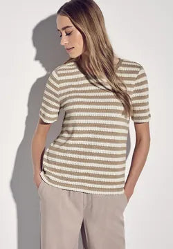 Street One striped crochet look t Shirt in Beige or Hunter Green 322898