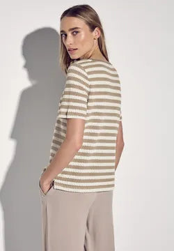 Street One striped crochet look t Shirt in Beige or Hunter Green 322898