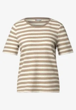 Street One striped crochet look t Shirt in Beige or Hunter Green 322898