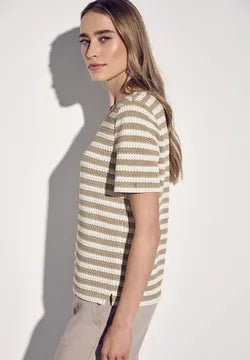 Street One striped crochet look t Shirt in Beige or Hunter Green 322898
