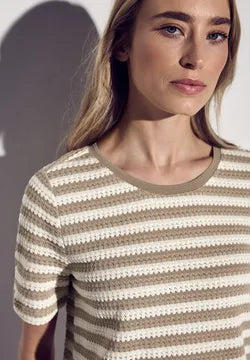 Street One striped crochet look t Shirt in Beige or Hunter Green 322898