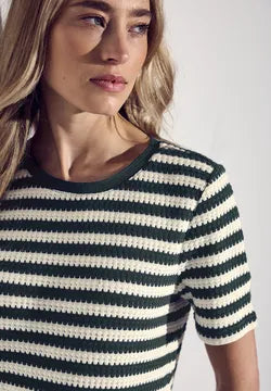 Street One striped crochet look t Shirt in Beige or Hunter Green 322898