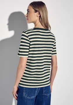 Street One striped crochet look t Shirt in Beige or Hunter Green 322898
