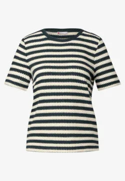 Street One striped crochet look t Shirt in Beige or Hunter Green 322898