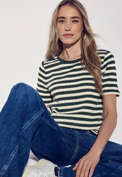 Street One striped crochet look t Shirt in Beige or Hunter Green 322898