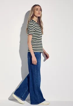 Street One striped crochet look t Shirt in Beige or Hunter Green 322898