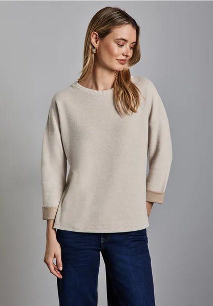 Street One Super Soft round neck jumper with contrast cuff detail in green or beige 22932