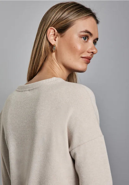 Street One Super Soft round neck jumper with contrast cuff detail in green or beige 22932