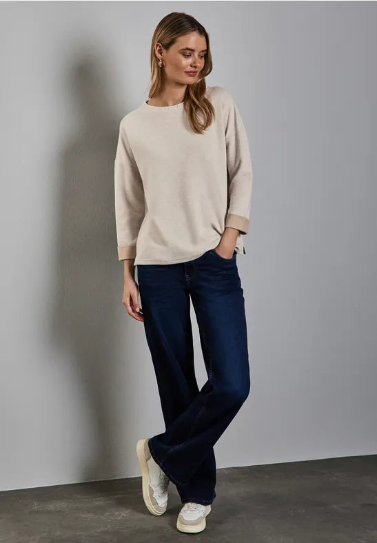 Street One Super Soft round neck jumper with contrast cuff detail in green or beige 22932