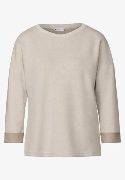 Street One Super Soft round neck jumper with contrast cuff detail in green or beige 22932