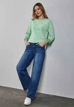 Street One Super Soft round neck jumper with contrast cuff detail in green or beige 22932