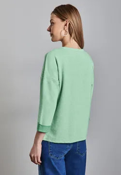 Street One Super Soft round neck jumper with contrast cuff detail in green or beige 22932