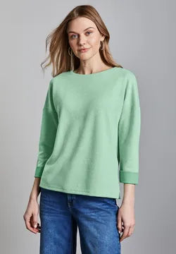 Street One Super Soft round neck jumper with contrast cuff detail in green or beige 22932