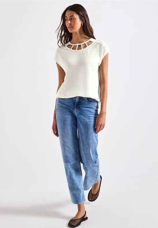 Street One linen look t shirt with cut out neckline white 323562