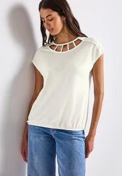 Street One linen look t shirt with cut out neckline white 323562