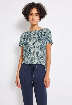 Street One snake print top with drawstring in calm autumn tones of blue  323735