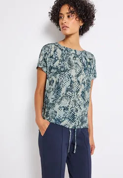 Street One snake print top with drawstring in calm autumn tones of blue  323735