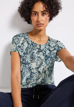 Street One snake print top with drawstring in calm autumn tones of blue  323735