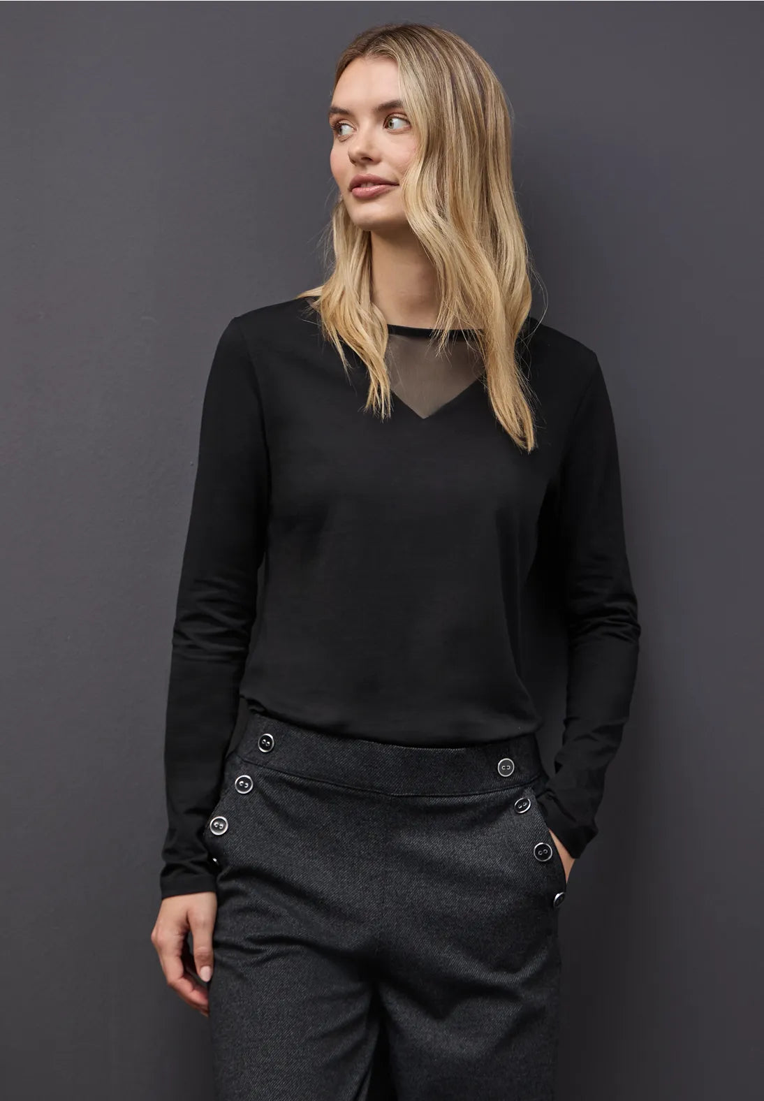 Street One Black Long Sleeve top with Mesh insert 324277