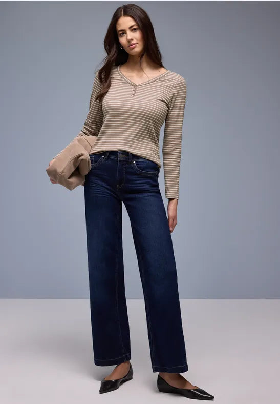 Street One Cotton v Neck Stripe Top in navy or Mocha 324620
