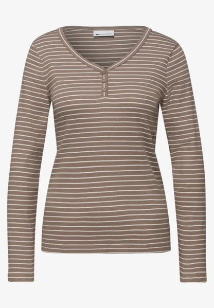 Street One Cotton v Neck Stripe Top in navy or Mocha 324620