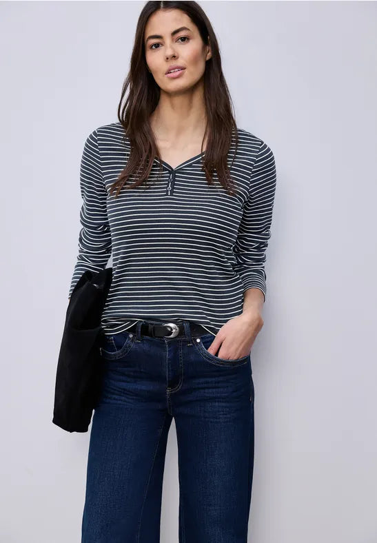 Street One Cotton v Neck Stripe Top in navy or Mocha 324620