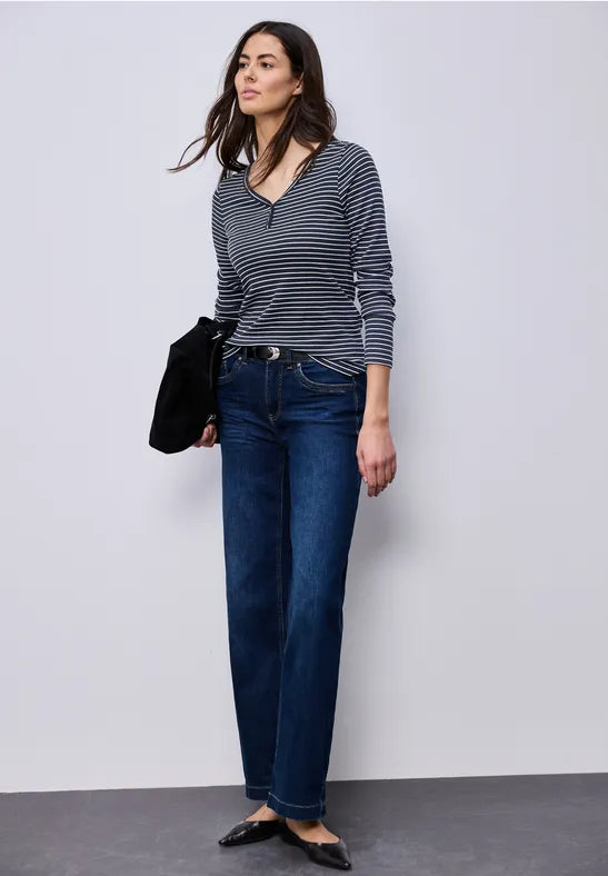 Street One Cotton v Neck Stripe Top in navy or Mocha 324620