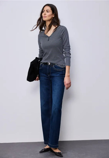 Street One Cotton v Neck Stripe Top in navy or Mocha 324620