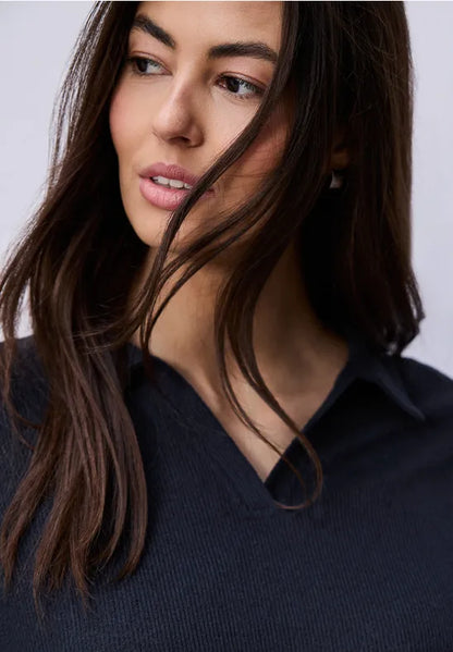 Street One Knit 3/4 sleeve Polo Shirt in Navy  324633